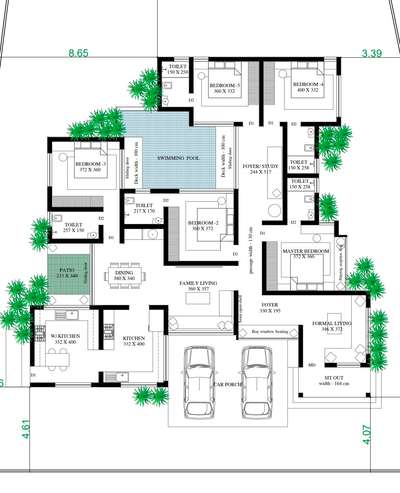 2400 sqft residential building plan @ kothamangalam.
 #5BHKHouse  #swimingpool  #courtyardindoor  #carporches  #passagearea  #dinningbasin  #Architectural&Interior  #KeralaStyleHouse