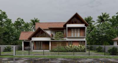Project name- Tharavadu 
The 'Tharavadu' project involves the reconstruction of our client's
ancestral home, with the primary goal of preserving their
sentimental attachment to the original residence while infusing a
modern touch. To achieve this, we designed the majority of the
structure in Kerala's traditional style of architecture, using natural
materials such as wood, brick, clay roof tiles, and terracotta jali. By
emphasizing the traditional elements, we were able to create a
design that seamlessly integrates the old and the new.
#moderntraditional #3delevationhome #SlopingRoofHouse