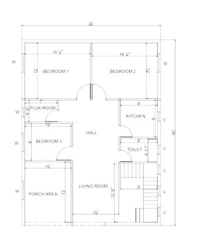 30*40 2d plan 3 BHK #FloorPlans #autocad