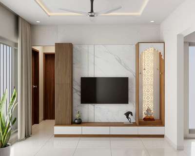 Simple and elegant TV + Mandir  #mandir  #LivingRoomTV  #woodendesign