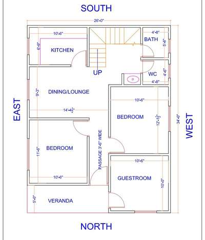 sketch plane of 26'-0"X34'-0".(3bhk)