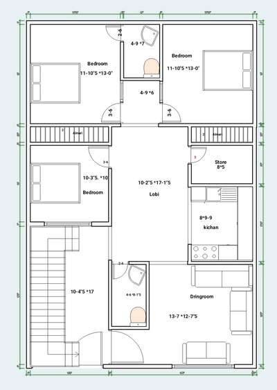 # Floor Plan 30×45 
2 bedroom living room