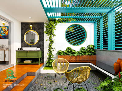 Bold outdoor oasis where a teal pergola meets a golden‑framed mirror patio setup, rattan chairs invite chill vibes, and greenery weaves through brick planters & stone walls 🌿🎨.

Client : Dennis Sajan 
Area : Patio