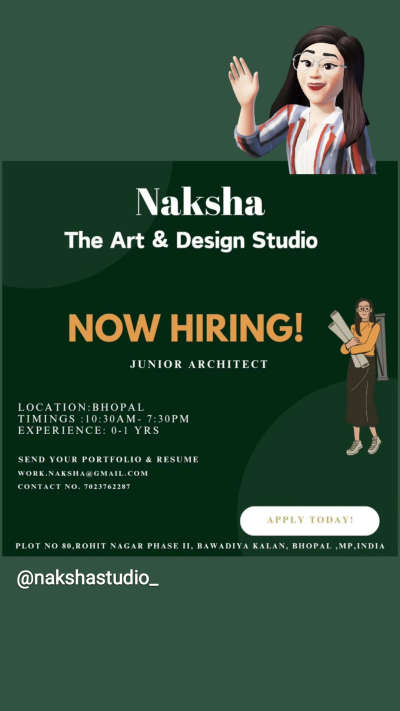 Naksha The Art & Design Studio is Hiring Architectural draftman & Junior Architect !

Job location:Bhopal
Degree:Diploma/B.Arch 
Experience:Min 1-2 years  
Send your Portfolio & Resume at work.naksha@gmail.com


 #hiringnow #hiringnow #hiringimmediately #applynow