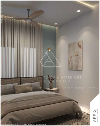A serene bedroom composition defined by a muted palette of soft beige, warm grey, and subtle aqua accents. The bed is positioned against a clean, spotlighted wall, creating a calm focal axis, while sheer full-height curtains soften natural light. Brass wall sconces, a minimal false ceiling with recessed lighting, and marble flooring complete the refined, understated aesthetic #Architect  #architecturedesigns  #Architectural&Interior  #architecturekerala  #architectureldesigns  #architecture_hunter