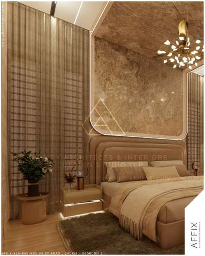 A luxurious bedroom designed in rich beige and golden hues, exuding warmth and sophistication. The upholstered headboard with soft curves, ambient lighting, and marble-textured wall create a serene yet opulent atmosphere. Elegant décor accents and layered textures complete the look, offering a perfect blend of comfort and contemporary style. #Architect  #architecturedesigns  #Architectural&Interior  #architecturekerala  #architecturedaily