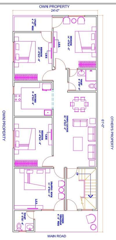 sketch plane of 24'-0"X61'-0".(4bhk)