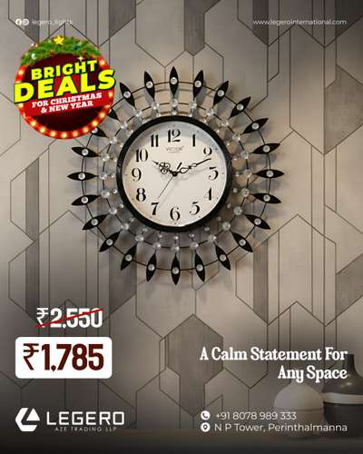 A timeless wall clock that adds elegance to any space.

Now available at a festive offer price of ₹1,785 — a perfect blend of style, value, and classic charm.

 #LegeroLights#BrightDeals
#ChristmasNewYearOffer