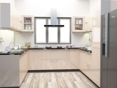 Glossy solid color laminate beige color kitchen #modular kitchen