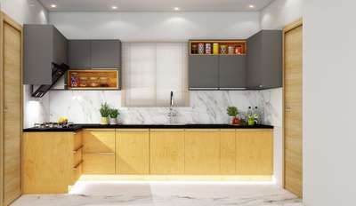 open modular kitchen
 grey & wooden combination