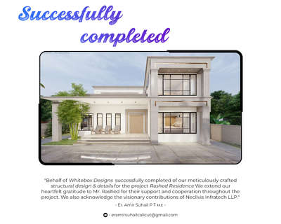 "Behalf of Whitebox Designs successfully completed of our meticulously crafted structural design & details for the project Rashed Residence We extend our heartfelt gratitude to Mr. Rashed for their support and cooperation throughout the project. We also acknowledge the visionary contributions of Neclivis Infratech LLP." - Er. Amir Suhail P T M.E -
Photo Credits - Neclivis Infratech LLP
#projectcompleted #structuraldesign #structuralengineer #throwback