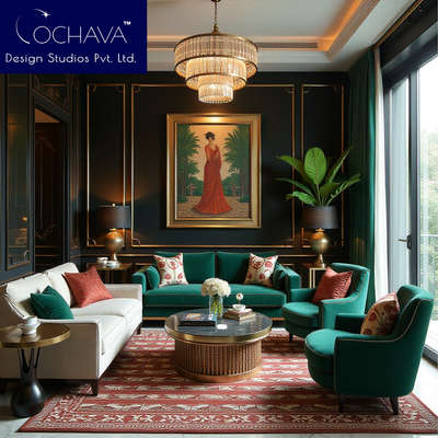 Create a stunning Art Deco Indian living area with bold geometric designs, rich textures, and vibrant colors, blending classic elegance with Indian cultural elements for a unique and luxurious space. #luxuryinteriors #jaipurinterior #artdeco #homeinteriordesign #InteriorDesigner #jaipurinteriordesigners #affordableluxury #affordableinteriors #affordable #furnitures #indianinteriors #LivingroomDesigns #chandeliers