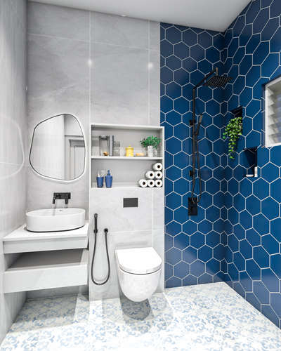 please contact for 3D designing #3Ddesign #BathroomDesigns #bathroomtilesidea #bathroomcolorscheme #bluetile #modernbathroom #smallbathroomdesign #minimal