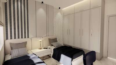 This kid's bedroom design masterfully blends functionality, playfulness, and timeless elegance, ensuring it will grow with the child from their younger years into their teens. The overall aesthetic is clean and modern, achieved through a sophisticated neutral palette of whites, grays, and natural wood tones. 

A subtle yet effective design choice is the patterned wall accent behind the beds, which adds visual interest and a touch of youthful energy without being overtly themed. 

The vibrant blue pop color provides a playful contrast to the otherwise calm and neutral room. It's a smart choice because it's easily changeable; should the child's preferences evolve, updating the chairs would be a simple and cost-effective way to refresh the room's palette.

#interiordesign #homedecor #interiorinspo #designinspiration #instahome  #kidsroomdecor #kidsbedroom #functionaldesign