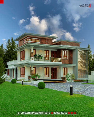 🌟 Bold. Elegant. Contemporary. 🌟
This stunning modern villa elevation is where luxury meets innovation 🏡✨. The design blends sleek flat rooflines with the grandeur of classical column detailing, creating a unique style that feels both timeless and trendsetting. Rich earthy wall textures add warmth, while the glass façade panel floods interiors with natural light 🌞🌿.

The spacious balconies, clean geometric lines, and thoughtful landscaping make this home a true architectural statement — perfect for those who dream big and live beautifully.

📍 Designed by: Shining Architects

🔹 Style: Modern Contemporary with Classical Accents
🔹 Key Features: Flat roof, double-height glass panel, textured cladding, decorative columns, wrap-around balcony, and open green frontage.

#ModernVillaDesign #ContemporaryArchitecture #LuxuryHomeKerala #FlatRoofVilla #ClassicalColumns #ModernClassicFusion #KeralaHomeDesign #GlassFaçade #LuxuryElevation #ArchitecturalInspiration #VillaFrontDesign #HomeGoal