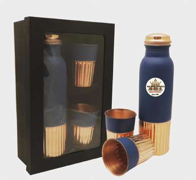 COPPER WATER BOTTLE JOINTLESS IN 1000ML WITH 2 GLASSES PACKED IN EXCLUSIVE GIFT BOX