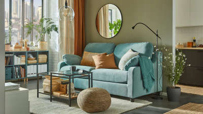 Get this calm and cosy living room featuring an ultra-comfortable sofa, clever storage solutions to keep things tidy, and even a mini library. Use pendant lamp and floor lamp in different style along with a mirror to provide adequate lighting to the room.
#interior #decor #ideas #home #interiordesign #indian #colourful #decorshopping