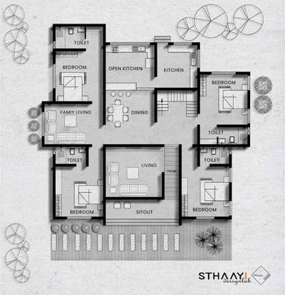 Modern Home Plan 🏡 4BHK | SINGLE STORY | Design: @sthaayi_design_lab | Area : 𝟐𝟑𝟗𝟗 𝐬𝐪.𝐟𝐭 |

Ground Floor 
● Sitout 
● Foyer 
● Living 
● Dining 
● Family Living 
● Patio
● 1 Bedroom attached 
● 2nd Bedroom attached 
  with Dressing 
● 3rd Bedroom 
  attachedwith Dressing 
● 4th Bedroom attached 
● Open - Kitchen
● Kitchen 

.
.
.
#sthaayi_design_lab #sthaayi 
#floorplan | #architecture | #architecturaldesign | #housedesign | #buildingdesign | #designhouse | #designerhouse | #interiordesign | #construction | #newconstruction | #civilengineering | #realestate #kerala #budgethome #keralahomes #2399