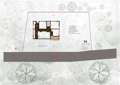 The plan render is for a ground floor layout of a building, likely a residential house. Here's a detailed description:

Layout
Orientation: The plan is oriented with the north direction indicated by a red arrow pointing upwards.
Boundary: The plot is outlined with a pink boundary and is adjacent to a road on the southern side.
Scale: The drawing is at a scale of 1:100.
Rooms and Dimensions
Verandah (370 x 110 cm): Located at the front of the house, accessible from the outside.
Living Room (380 x 390 cm): Situated centrally, connecting to various parts of the house.
Dining Room (430 x 390 cm): Positioned next to the living room, likely sharing an open space with it.
Kitchen (300 x 245 cm): Located adjacent to the dining area, marked as room 4.
Work Area (300 x 215 cm): Near the kitchen, probably for laundry or utility purposes.
Bedroom (300 x 300 cm): One of the bedrooms, marked as room 6.
Toilet (200 x 135 cm): Positioned centrally, accessible from the main areas.
Master Bedroom (350 x 300 cm): The larger bedroom in the house, marked as room 8.
Surroundings
Trees and Greenery: The plan shows several trees and green spaces around the house, indicating a landscaped environment.
Miscellaneous
Labeling: Rooms are labeled with numbers for easy reference, and their dimensions are provided.
Design Credits: The plan is created by "NEST Design + Build," with contact information and social media handles included in the bottom right corner.
This layout suggests a well-organized ground floor plan for a residential house, designed to provide a functional and comfortable living space with good connectivity between different rooms and outdoor spaces.

  #architecturedesigns  #Architectural&Interior  #InteriorDesigner #KeralaStyleHouse #keralaplanners  #keralahomeplans