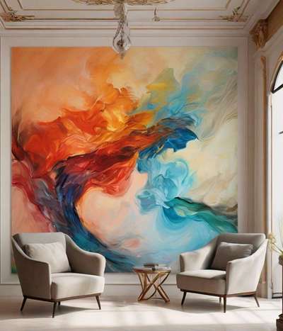 A classic colonial theme based upper living space that emphasized with a beautiful wall painting having a dopamine sets of colors boost our mood and mindset.  
 #InteriorDesigner #Architect 
#Architectural&Interior #HouseDesigns #LivingroomDesigns #LivingRoomPainting #TexturePainting #paintingonwall