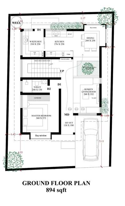 plan on a small plot. 1500 sqft home with 3 bedrooms. with a courtyard. #courtyardhouse  #OpenKitchnen  #KeralaStyleHouse  #architecturedesigns  #keralahomeplans  #Architectural&Interior