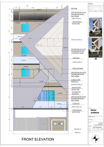 Elevation working details 
ms frame work with acp sheet