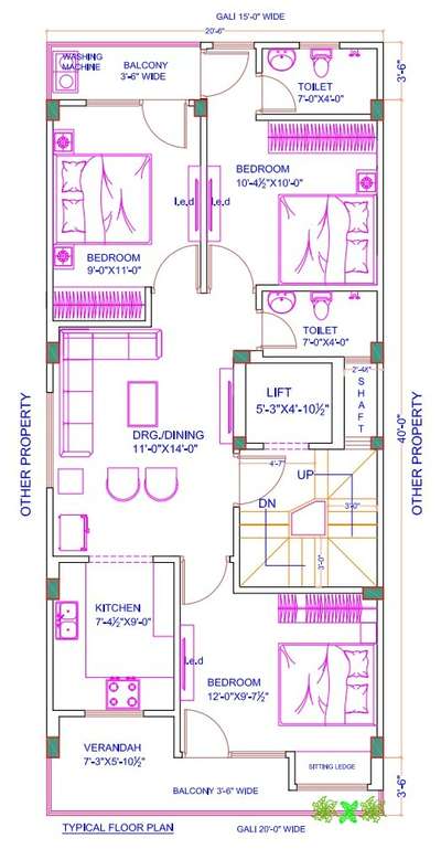 Sketch plan of 20'-6"x40'-0"
3 bhk