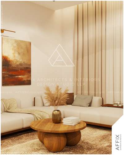 An elegant and serene sitting area designed in warm neutral tones, featuring a plush L-shaped sofa paired with a sculptural wooden coffee table. The soft drapery, textured rug, and abstract artwork add depth and sophistication, while natural elements like dried pampas grass bring a touch of organic charm to the contemporary setting. #Architect  #architecturedesigns  #Architectural&Interior  #architact  #architectureldesigns  #kerala_architecture  #best_architect  #architecturedesigners  #architecture