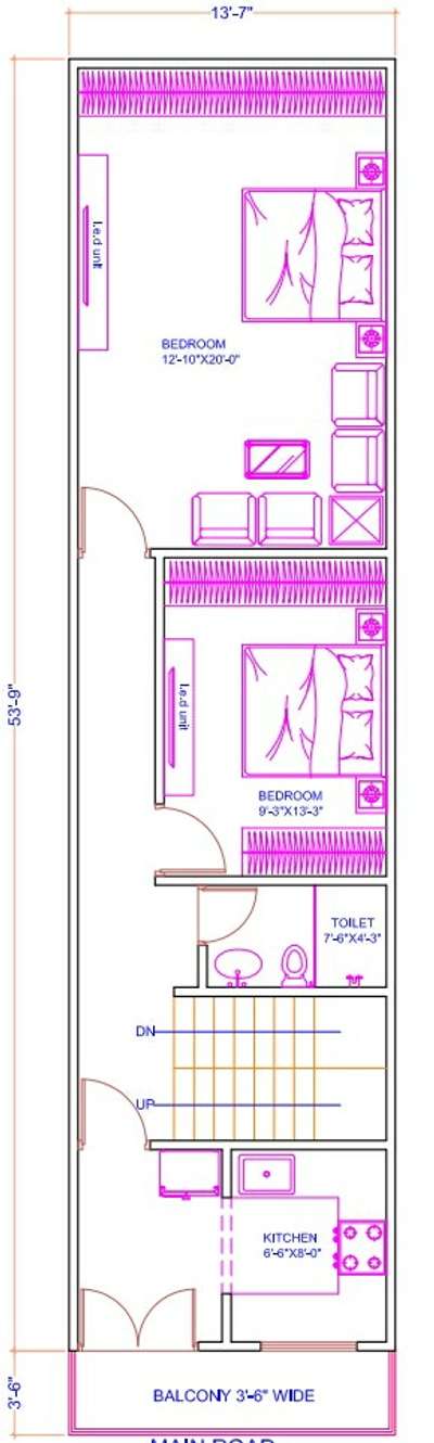 Sketch plan of 13'-7"x53'-9"
2 bhk