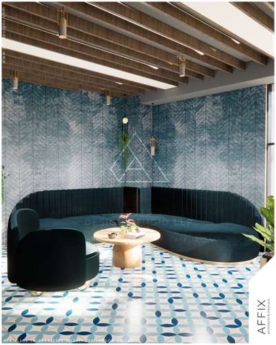 Cafe with vibrant exploration of texture and pattern, anchored by a geometric encaustic-tiled floor and a rhythmic timber-slat ceiling with integrated linear lighting. A deep teal palette is carried through the fluted banquette seating and chevron-patterned feature walls, creating a cohesive visual language that balances industrial precision with organic warmth. The space is softened by lush interior greens and warm wood accents, offering a sophisticated, multisensory dining environment that feels both intimate and expansive. #Architect  #architecturedesigns  #Architectural&Interior  #best_architect  #café  #cafedesign