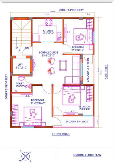 sketch plan of 22'x30 (3bhk)