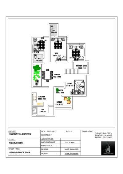 Front face : South
Sqfeet : 1444                                              3BHK, 2attached bathroom, staircabin,
 #floorplan  #3BHKPlans