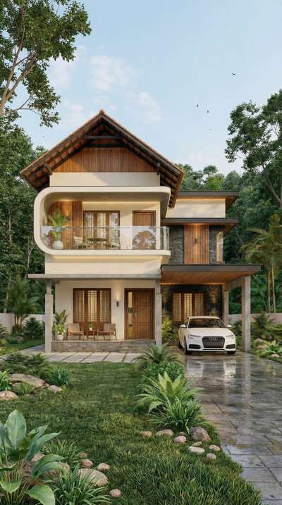 🏡 Project Concept Description
This residence is envisioned as a contemporary tropical home that seamlessly blends modern architectural language with climate-responsive design principles suited for Kerala’s environment.
The design is articulated through a layered composition of volumes, combining a sloped roof inspired by traditional architecture with clean, flat-roofed elements to achieve a balanced and timeless aesthetic. The interplay of horizontal and vertical planes creates depth, shadow, and visual interest across the façade.
A carefully curated material palette enhances the overall character of the home. Warm wooden cladding introduces a natural and inviting tone, while textured stone surfaces ground the structure and add richness. These are contrasted with smooth, light-colored plastered walls to maintain a sense of visual clarity and modern elegance. Glass railings and large openings further contribute to a light and open appearance.
#twostoreyhouse #exterior3D