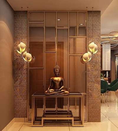 RSP Interior laser cut SS with pvd rosegold finish jali, console  table , budha and hanging lights.