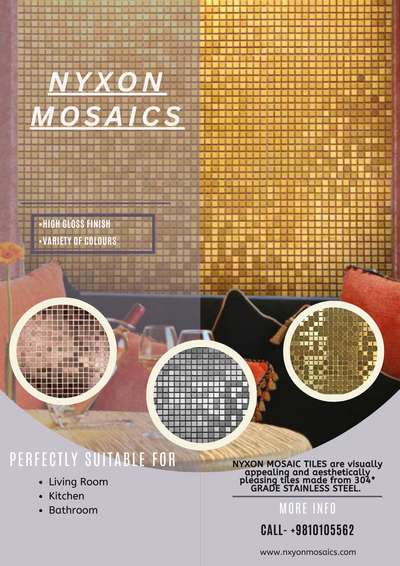 Nyxon Stainless Steel Mosaic Tiles in Different SHAPS And Colours Whatsapp:- +919810105562 #