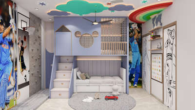 Kid's Room In Nimai Green
Size - (10'-9"x13'-4.5")
 #KidsRoom #InteriorDesigner #bunkbed #kidsplaymat