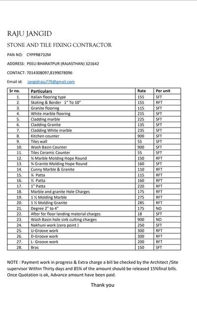 owr rate list for marble and tile fitting contract instrusted may contact us 7014308097