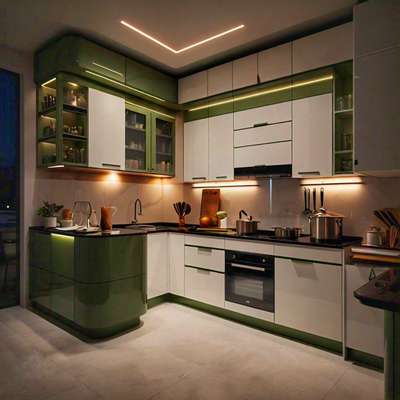 A Modern kitchen interior of olive green color pallette having very flawlessely finished and beautifully organised with respect of the clients comfort. 
 #KitchenIdeas 
#KitchenInterior 
#KitchenInterior 
#architecturekerala 
#architectureldesigns
