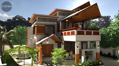 KHALLID RESIDENCE North-facing site located amid dwellings in Wayanad, Kerala. During the design process, Sustainability was given primary importance. The soft morning sunlight enters the structure from all four levels. During the Midday, Light also enters through the north-facing glass attached to the front facade. The client preferred a mix of contemporary and traditional Kerala styles of architecture.
The landscape design has been influenced by the Zen garden. To continue the relationship with the earth, Earthern materials such as clay jali, bricks, Exposed concrete, Mangalore tiles, Upcycled wood, and Stone pavements have been incorporated.
  #Architect  #architecturedesigns  #architectural_interior   #InteriorDesigner  #exteriordesigns  #ElevationDesign  #3drendering  #vrayrender  #architectureldesigns  #architectsinkerala  #architecturedaily