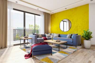 Design your simple living room with yellow-accent wall that frame round mirror, powder blue corner sofa, wooden coffee table and geometric rug. Biege curtains , gray cushions and planters give a finishing touch to the design.
#interior #decor #ideas #home #interiordesign #indian #colourful #decorshopping
