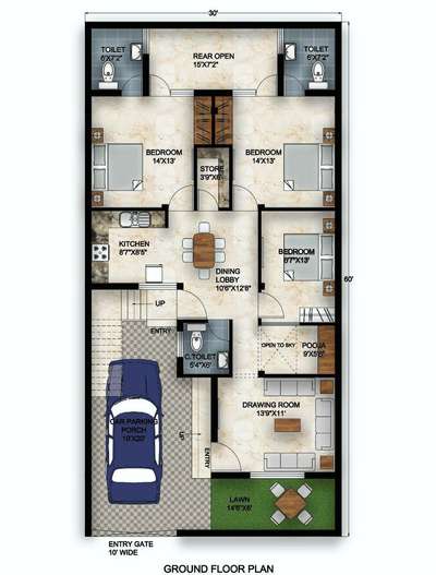 render plan with furniture for 5000, only ground floor 1000 sqft.