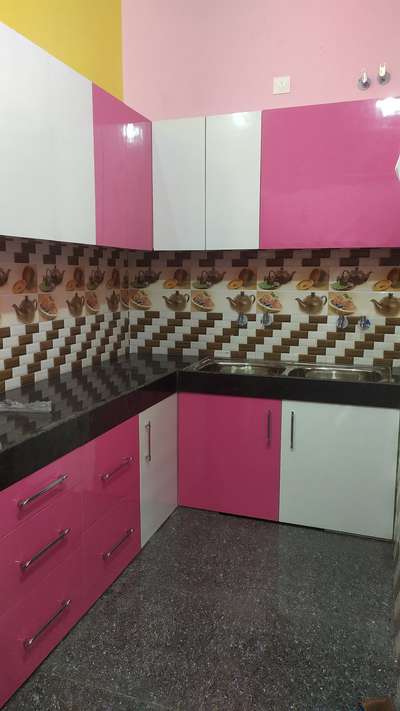 #pink & white L Shape Kitchin