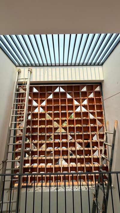 #steel pergola with # brick jalli and  #metal handrail