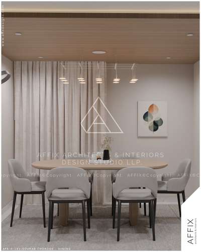 The dining area features an oval light-wood table surrounded by grey upholstered chairs, set beneath a minimalist linear pendant light and a wooden false ceiling with perimeter lighting, flanked by a neutral artwork and floor-to-ceiling sheer curtains. #Architect  #architecturedesigns  #Architectural&Interior  #architecturekerala  #kerala_architecture  #best_architect