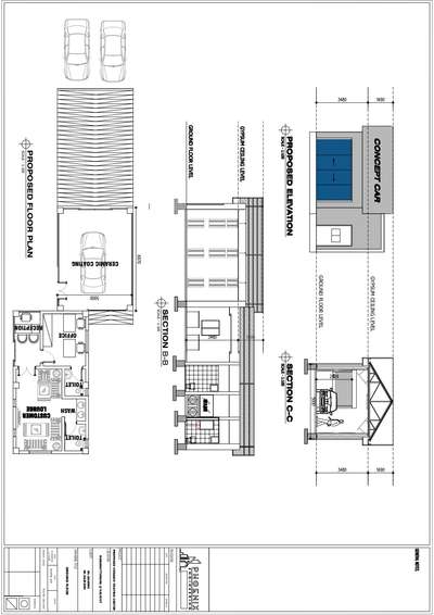 Plan section and elevation of  exotic car detailing studio @ Ramanattukara, Calicut