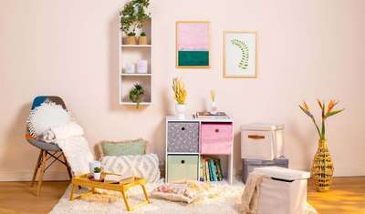 Let's colour with room with pastel storage units, a fluffy rug, a portable table, a multicoloured chair, some plants and pastel artwork on the walls.
#interior #decor #ideas #home #interiordesign #indian #colourful