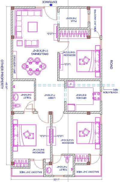 sketch plane of 23'-0"X40'-0".(3bhk)