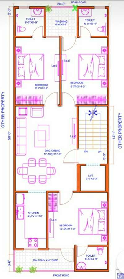 sketch plan of 20'x50' (3bhk)