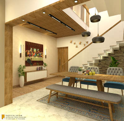 contemporary elegance in the soul of wood... interior project in mulakunnathkavu, Thrissur #InteriorDesigner #LUXURY_INTERIOR #interiores  #Architectural&Interior #FalseCeiling #StaircaseDesigns #DiningTable #DiningTableAndChairs #diningarea #render