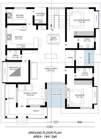 House under 2500 sqft.
with courtyard and water body.
 #4BHKPlans 
#waterbody 
#SmallBalcony 
 #prayerarea 
 #sitoutchair 
#TraditionalHouse